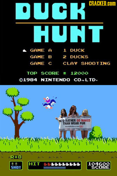 OUCK CRACKED.cOM HUNT GAME A 1 DUCK GAME B 2 DUCKS GAME C CLAY SHOOTING TOP SCORE = 12000 1984 NINTENDO CO.LTD. NE'D BATHER GO NAKED THAN WEAR FUR AIO