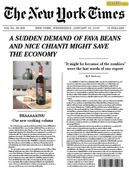 CRACKED HOM The Neur Hork Times VOL No. 86.926 NEW YORK. WEDNESDAY. JANUARY 16. 2142 10 DOLLARS A SUDDEN DEMAND OF FAVA BEANS AND NICE CHIANTI MIGHT S