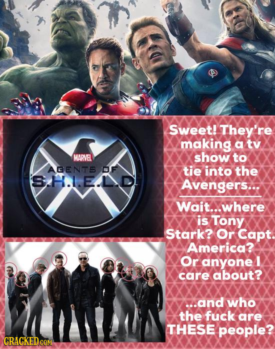 Sweet! They're making a tv MARVE show to AGENTS UF tie into the SH.L.E.LD! Avengers... Wait...where is Tony Stark? Or Capt. America? Or anyone I care 
