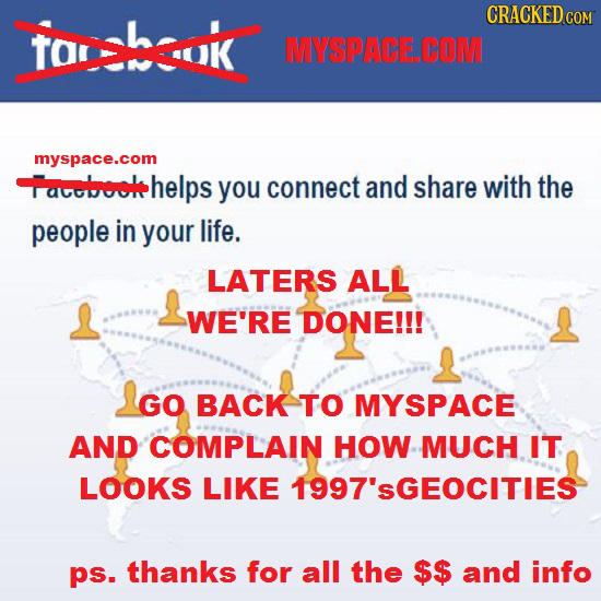 TOHUK MYSPACE.COM myspace.com Tarrcok helps you connect and share with the people in your life. LATERS ALL WE'RE DONE!!! IGo GO BACK TO MYSPACE AND CO