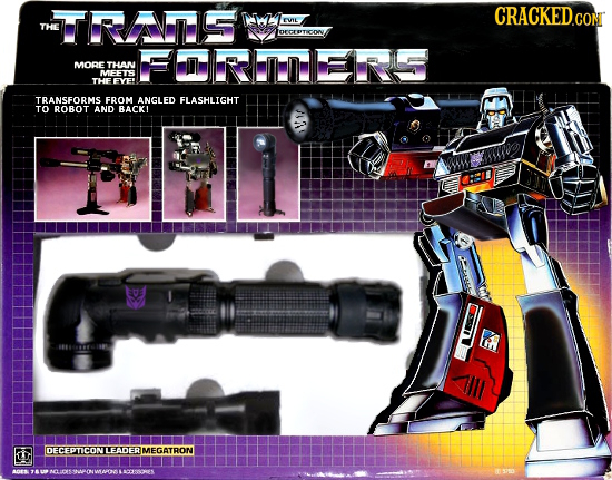 TRAVS CRACKEDCON L THE orcreticow FORLEIRS MORE THAN MEEO THE FVE TRANSFORMS FROM ANGLED FLASHLIGHT TO ROROT AND BACKI DECEPTICONLEADERMEGATRON