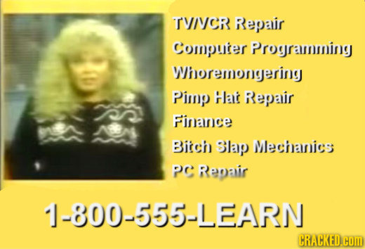 TVICR Repair Computer Programming Whoremongering Pimp Hlat Repair Finance Bitch Slap Mechanics PC Repair 1-800-555-LEARN CRACKED.cCOM