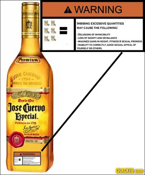 A WARNING S IMBIBING EXCESSIVE QUANTITIES MAY CAUSE THE FOLLOWING: DELUSIONS OF INVINCIBILITY -LOSS OF DIGNITY AND OR BALANCE INAGINED GAINS IN HEIGHT
