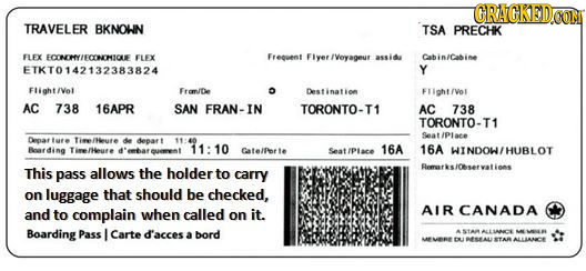 GRAGKED COR TRAVELER BKNOHIN TSA PRECHK FLEX FCINTHYECONHIOVE FLEX Freouent Fiyer IVoyageur assi Cabin/Cabine ETKT0142132383824 Y Flight/Vol Erem/De O