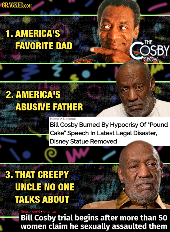 CRACKEDCO 1. AMERICA'S FAVORITE DAD COSBY THE SHOW 2. AMERICA'S ABUSIVE FATHER Home National Bill Cosby Burned By Hypocrisy Of Pound Cake Speech In 