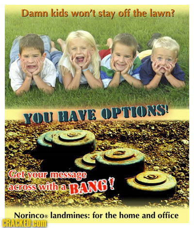 Damn kids won't stay off the lawn? OPTIONS! YOU RIAVE Get your message across with a BANB? Norincor landmines: for the home and office CRACKED HOM