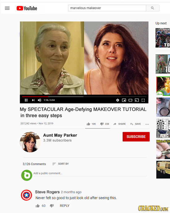 YouTube marvelous makeover Up next TO 1:16/604 0052 My SPECTACULAR Age-Defying MAKEOVER TUTORIAL in three easy steps 207242 vews Noy 12.2019 10K 238 S