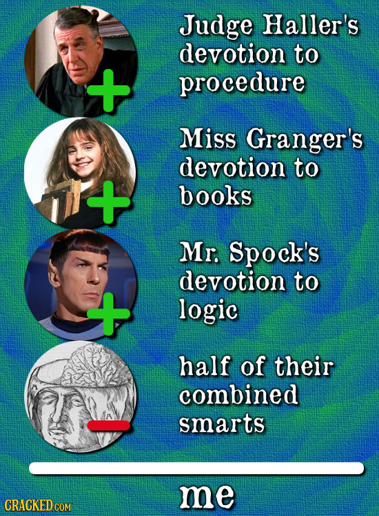 Judge Haller's devotion to procedure Miss Granger's devotion to + books Mr. Spock's devotion to t logic half of their combined smarts me CRACKED COM 