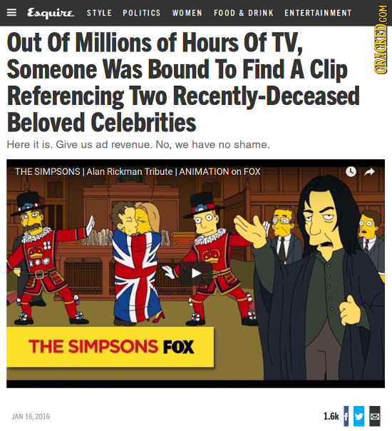 Esquire STYLE POLITICS WOMEN FOOD & DRINK ENTERTAINMENT Out Of Millions of Hours Of TV, Someone Was Bound To Find A Clip CRAGN Referencing Two Recentl