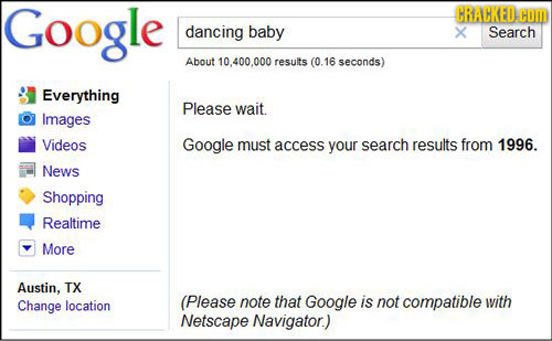 Google CRACKED. COM dancing baby X Search About 10,400.000 results (0.16 seconds) Everything Please wait. Images Videos Google must access your search