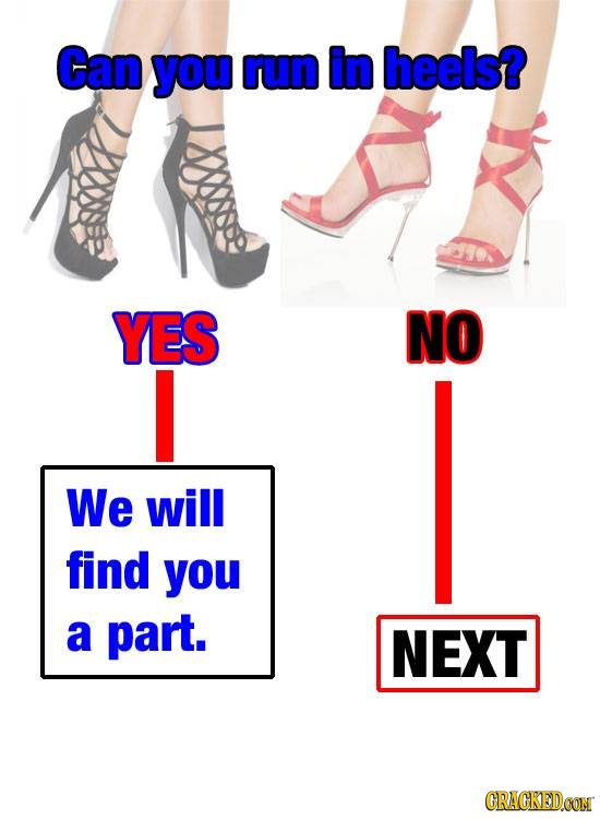 Can you run in heels? YES NO I We will find you a part. NEXT CRACKEDCON