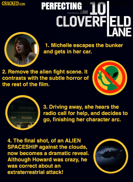 PERFECTING 10 LLABRANS FROMPPODUCER CLOVERF ELD LANE 1. Michelle escapes the bunker and gets in her car. 2. Remove the alien fight scene. It contrasts