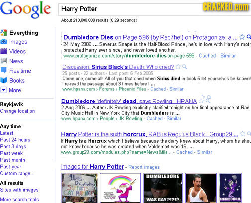 Google CRACKED Harry Potter COM About 213.000.000 fesute (0.29 seconds) Everything Dumbledore Dies on Page 596 (by Rac7hel) on Protagonize. Images 24