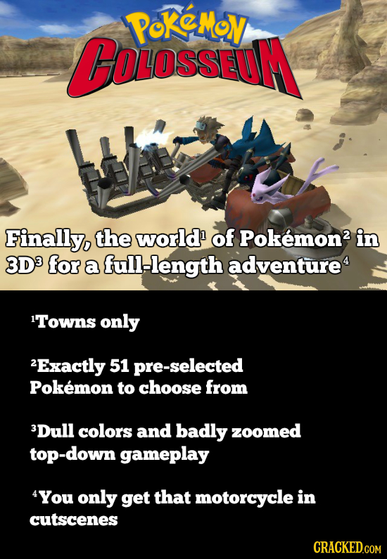 PoKeMoy BOLosseuM Finally, the world of Pokemon2 in 3D3 for a full-length adventure4 1Towns only 2Exactly 51 pre-selected Pokemon to choose from 3Dull