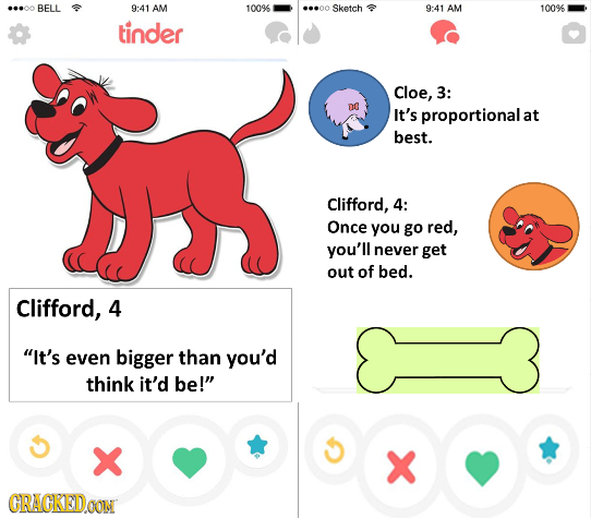 BELL 9:41 AM 100%6 Sketch 9:41 AM 100% tinder Cloe, 3: It's proportionala at best. Clifford, 4: Once you go red, you'll never get out of bed. Clifford