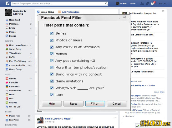 Seath tor pepie. maome Q and things Dupin Homa Deatin Crtis Lodate Rtotus Add Photoaideo Edt Frofie Poe amiouloes your Iie Facebook Feed Filter Nass F