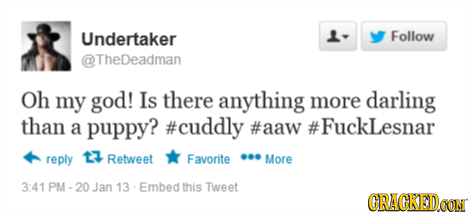 Undertaker L- Follow TheDeadman Oh my god! Is there anything more darling than a puppy? #cuddly #aaw #FuckLesnar reply 13 Retweet Favorite More 3:41 P