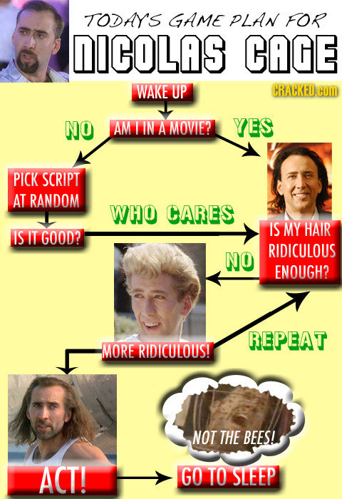 TODAY'S GAME PLAN FOR DICOLAS CAGE WAKE UP CRACKED.COM NO AM 1 IN A MOVIE? YES PICK SCRIPT AT RANDOM WHO CARES IS MY HAIR IS IT GOOD? RIDICULOUS NO EN