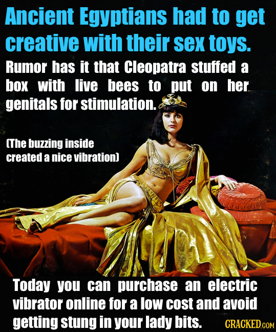 Ancient Egyptians had to get creative with their sex toys. Rumor has it that Cleopatra stuffed a box with live bees to put on her genitals for stimula