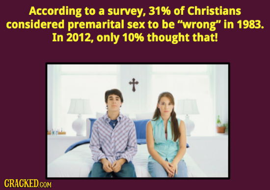 According to a survey, 31% of Christians considered premarital sex to be wrong in 1983. In 2012, only 10% thought that! 
