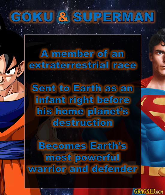GOKU & SUPERMAN A member of an extraterrestrial race Sent to Earth as an infant right before his home planet's destruction Becomes Earth's most powerf