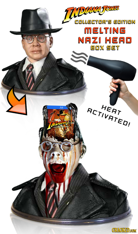 TDmna AJoNEs COLLEETOR'S EDITION MELTING NAZI HEAD BOX SET HEAT HLTIVATEDL IND CRACKEDOON