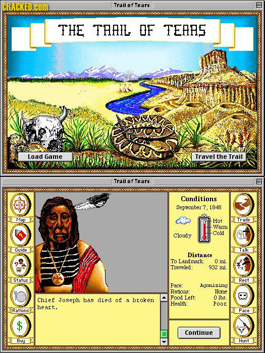 CRACKED.CDM Trall of Tears THE TAAIL OF TEAAS Load Game Travel the Trail Trall ofTears Conditions September 7, 1848 Map -Hot Trade Wam Cloudy Cold Gui