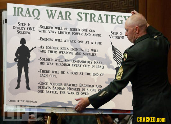 IRAQ WAR STRATEGY STEP 1: DEPLOY -SOLIDER ONE WILL BE ISSUED ONE SOLDIER WTTH VERY GUN LIMITED POWER STEP AND 2: AMMO VICTORY! -ENEMIES WILL ATTACK ON