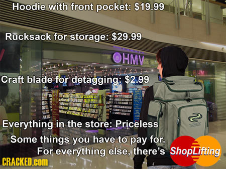 Hoodie with front pocket: $19.99 Rucksack for storage: $29.99 HMV Craft blade for detagging: $2.99 2 Everything in the store: Priceless Some things yo