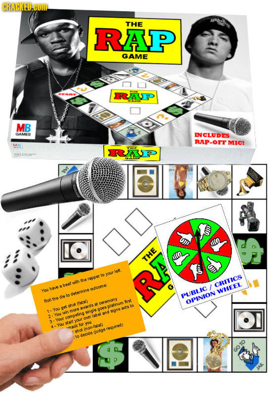 CRACKED.OM. THE RAP GAME RAP MB GAMES INCLUDES RAP-OFT MICI t THE to your left. the rapper wiltn CRITICS S beet J You have outcome: WHEEL determine to