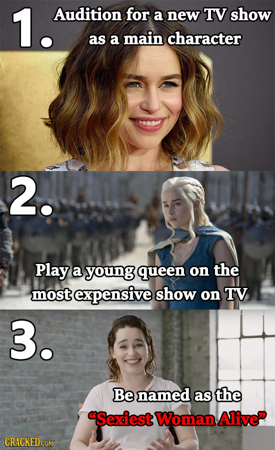 1. Audition for a new TV show as a main character 2. Play a young queen on the most expensive show on TV 3. Be named as the Sexiest Woman Alive CRACK