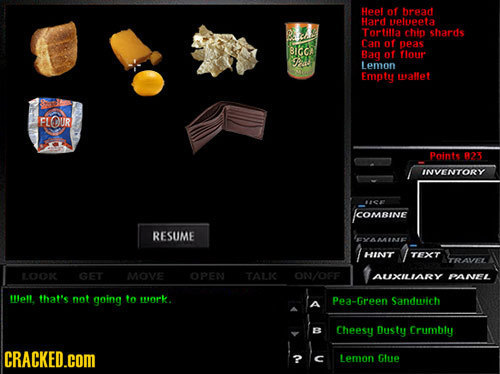 Hep of bread Hard uetuppta Tortilla chip shards Can of peas egc Sao of flour Aa Lemon Empty uvallet FLOUR Points 823 INVENTORY 1 JCOMBINE RESUME EVAAA