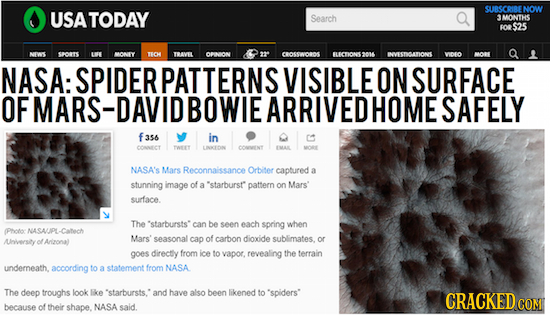 SURSCRIRE NOW USATODAY Search SMONTHS FOR$25 NIWS SORTS OLY TECH TRAVEL OPNON C10SSWOROS LECTIONS2016 WNVESTOANIONE viofo MORS NASA: SPIDER PATTERNS V