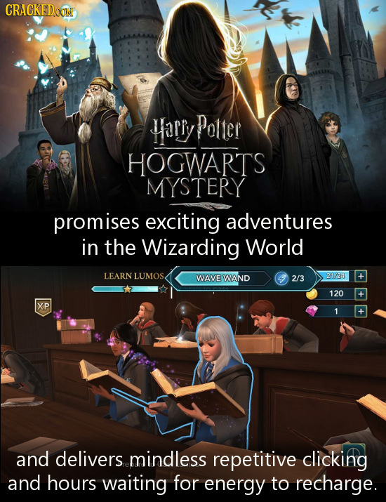 CRACKEDoO CONI Hary Potter HOGWARTS MYSTERY promises exciting adventures in the Wizarding World LEARN LUMOS. WAVE WAND 2/3 21/281 t 120 + XP 1 + and d