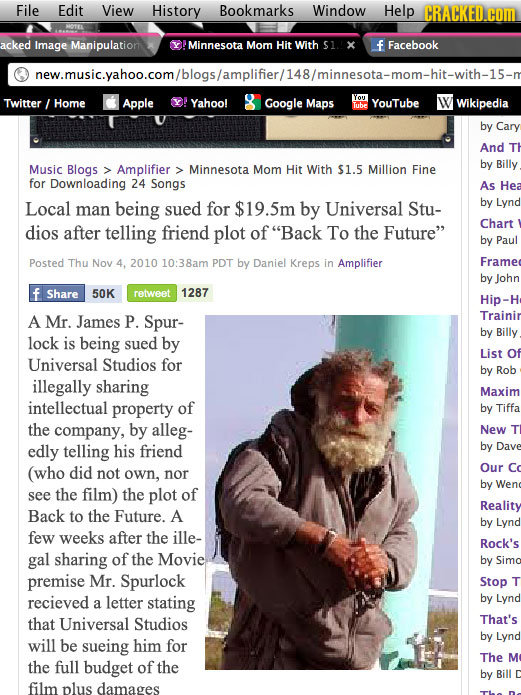 File Edit View History Bookmarks Window Help CRACKED.COM acked Image Manipulation Minnesota Mom Hit With S1. f Facebook sicyahoo.com/blogslamolifer/14