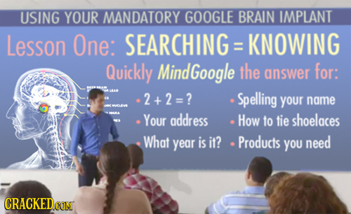 USING YOUR MANDATORY GOOGLE BRAIN IMPLANT Lesson One: SEARCHING KNOWING Quickly Mind Google the answer for: EAA 2+2=? Spelling your name LVA Your addr