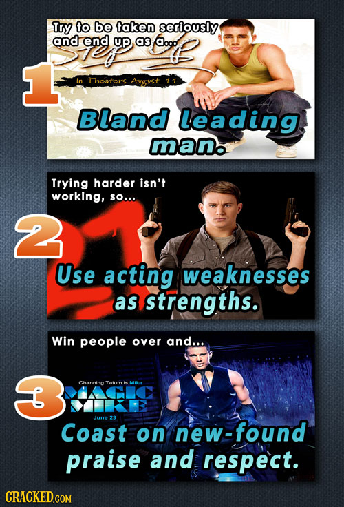 Try to be taken seriously and end UP as aood In Theaters Avayst BLand Leading mano Trying harder isn't working, SO... 2 Use acting weaknesses as stren