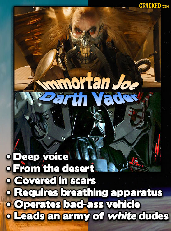 CRACKED.COM mmortan Joe yearth Vader Deep voice From the desert Covered in scars Requires breathing apparatus Operates bad-ass vehicle Leads an army o