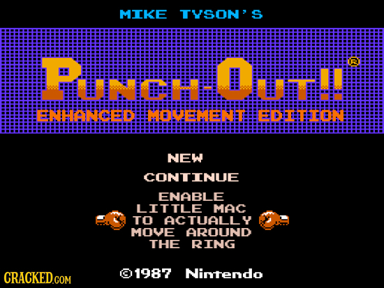MIKE TYSON' S PNEHTOL IRA m ENHANGEBE EEMENETE EDBETEEN NEW CONTINUE ENABLE LITTLE MAC TO ACTUALLY MOVE AROUND THE RING CRACKED.COM 01987 Nintendo 