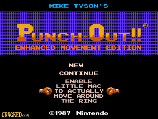 MIKE TYSON' S PNEHTOL IRA m ENHANGEBE EEMENETE EDBETEEN NEW CONTINUE ENABLE LITTLE MAC TO ACTUALLY MOVE AROUND THE RING CRACKED.COM 01987 Nintendo