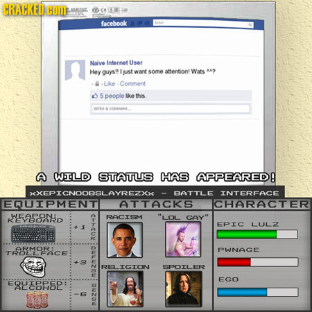 CRACKED HOME ALBSE 6c A facebook Nalve Internet User Hey guys just wart some attenbion! Wats AA? Lke Comment 5 people ke this wte a eeeee A WLD STATU