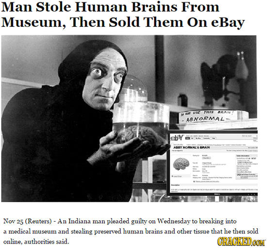 Man Stole Human Brains From Museum, Then Sold Them On eBay UIC TNIS REA M ABNORMAL- eby ADNY 0RMA 1 RAIN Nov 25 (Reuters) - -An Indiana man pleaded gu