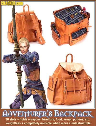 CRACKED COM 5ab AdVentURER'S BACKPACK 36 slots holds weapons, furniture. food, armor, potions, etc. weightless completely invisible when worn indestru