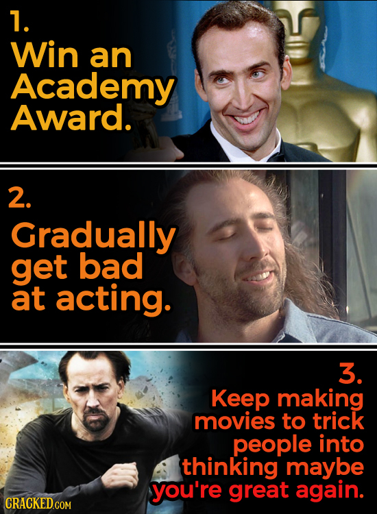 1. Win an Academy Award. 2. Gradually get bad at acting. 3. Keep making movies to trick people into thinking maybe you're great again.
