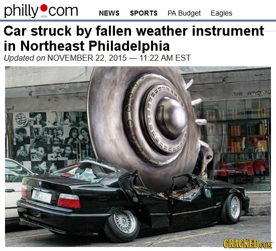 philly com NEWS SPORTS PA Budget Eagles Car struck by fallen weather instrument in Northeast Philadelphia Updated on NOVEMBER 22, 2015 - 11:22 AM EST