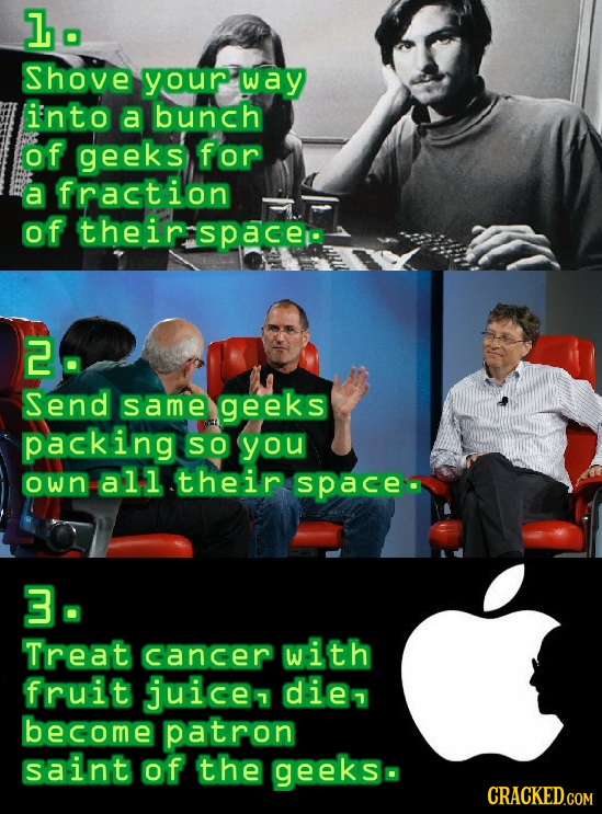 1o Shove your way into a bunch of geeks for a fraction of their space 2 Send same geeks packing SO you own al-1 their spacea 3 Treat cancer with fruit