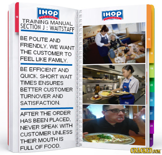 IHOP F: IHOP Du TRAINING MANUAL SECTION J: WAITSTAFF BE POLITE AND FRIENDLY. WE WANT THE CUSTOMER TO FEEL LIKE FAMILY. BE EFFICIENT AND QUICK. SHORT W