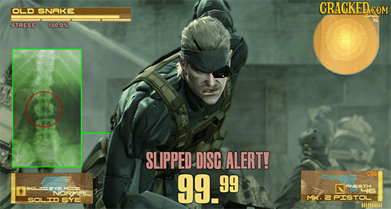 CRACKED.COM OLD SNAKE STRESS 100.05 SLIPPED DISC ALERT! 99. 99 co T YIL MOA NORMALET MK. SOLID EYE 2 PESTOL HWT