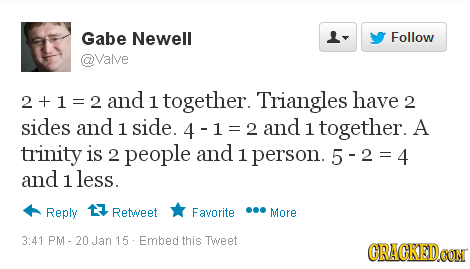 Gabe Newell L- Follow @Valve 2+1=2a and 1 together. Triangles have 2 sides and 1 side. 4 2 and 1 together. A trinity is 2 people and 1 person. 5-2=4 a