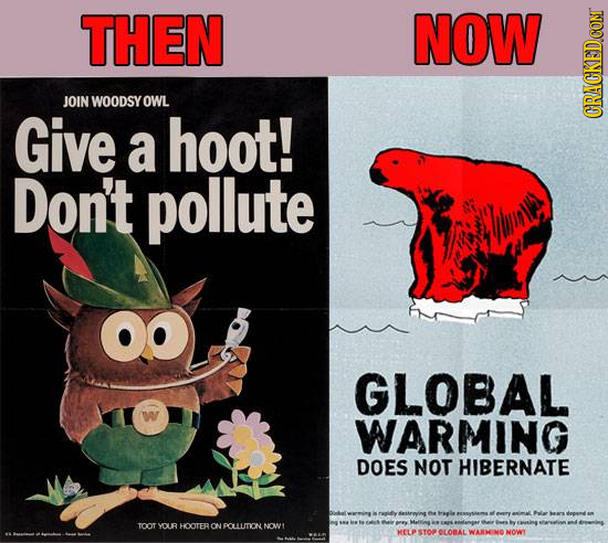 THEN NOW JOIN WOODSY OWL Give GRADA a hoot! Don't pollute GLOBAL WARMING DOES NOT HIBERNATE TOOT YOUR HOOTERON POLLUTION NOWT OLOBAL WARENE NOW
